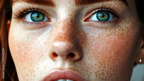 Intense gaze of freckled woman with striking bluegreen eyes in sunlit closeup progression
