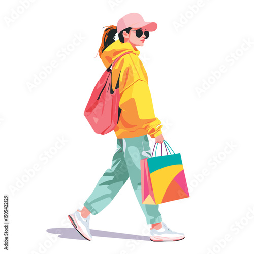cool sporty teenage girl with shopping bag isolated vector illustration