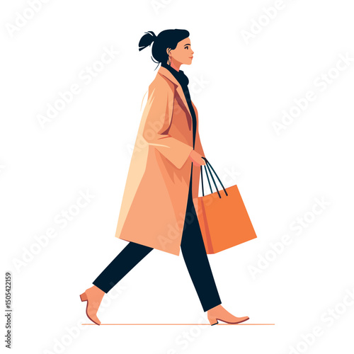 elegant business woman walk with shopping bag isolated vector illustration