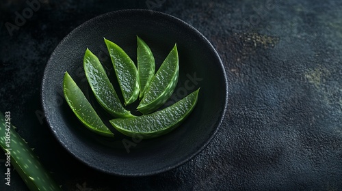 Aloe vera slices arranged in a dark bowl on a textured dark surface viewed from directly above