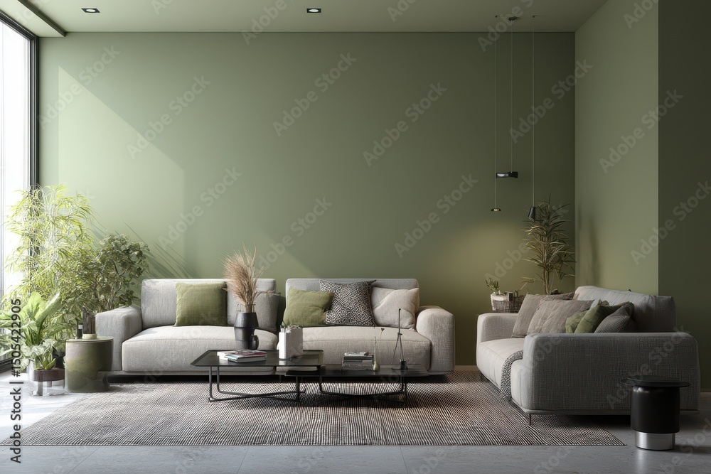 Modern living room with sage green walls and gray furniture.