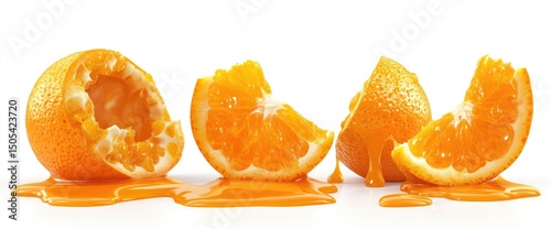 Three juicy orange segments and a squeezed orange with dripping juice, isolated on white