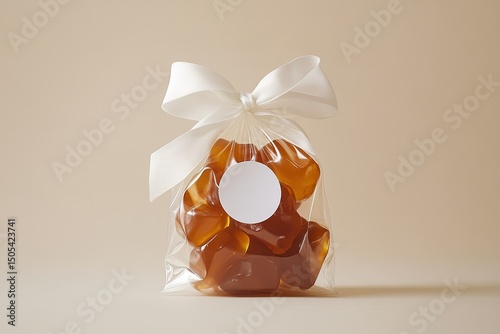 Amber gummy bears in cellophane bag with white bow