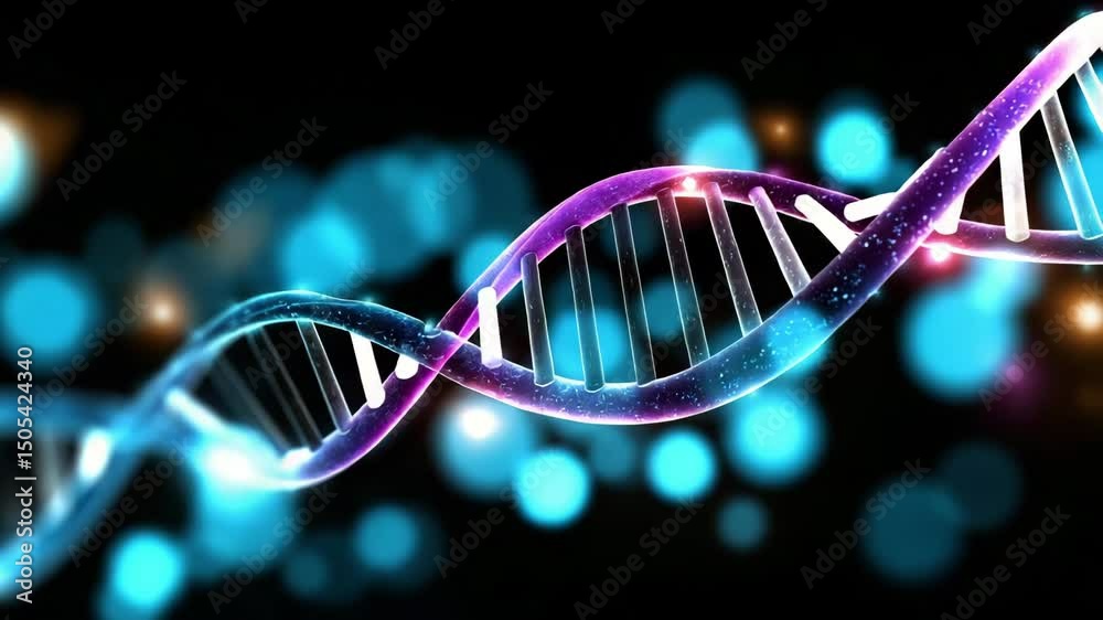 Glowing DNA strand molecule with colorful helix and genetics biology light effects dark background