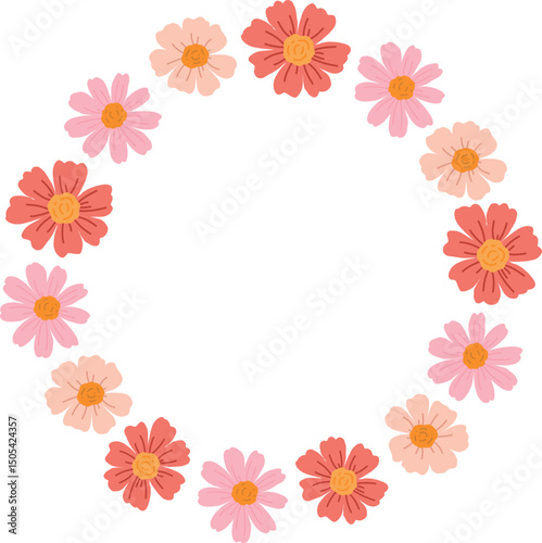 A hand-drawn floral illustration is a round frame with an empty space for text. It is ideal for decorating summer-themed goods and invitations.