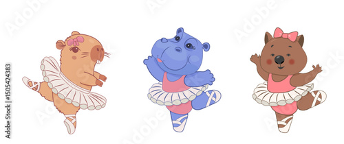 Childish characters. Cute dancing ballet animals. Capybara, hippo, wombat for baby shower, nursery, textile, birthday kids print, invitation cards