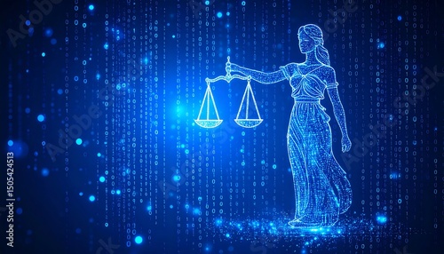 Digital Justice Lady Justice with Binary Code.