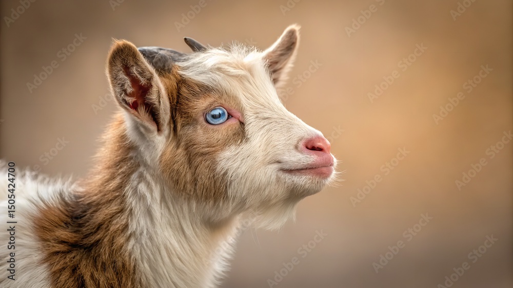 Fototapeta premium A curious and captivating baby goat with bright blue eyes in a warm, soft focus shot.