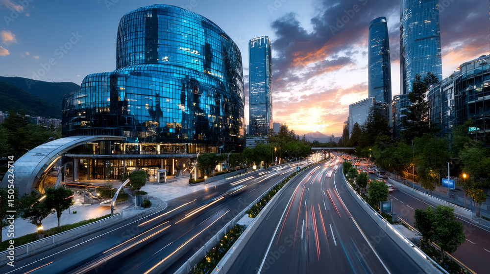Fototapeta premium Road to city with skyscrapers, office buildings and houses. Vector cartoon urban landscape with empty suburban highway, green grass and modern town on skyline. Summer cityscape
