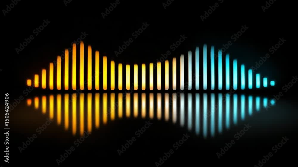 Colorful sound wave bars with glowing reflection create vibrant digital audio visualization