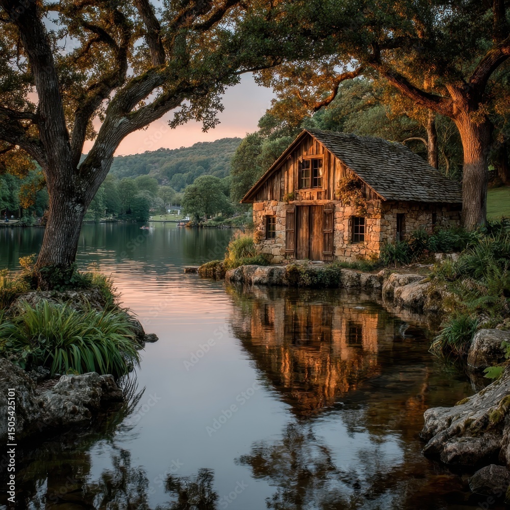 Obraz premium Rustic stone cabin reflects in calm lake waters surrounded by lush trees
