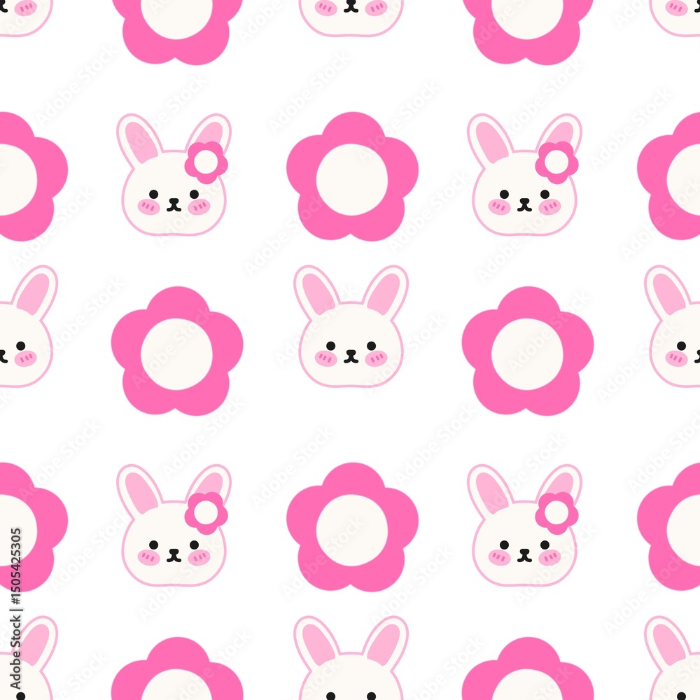 Fototapeta premium Cute seamless pattern with kawaii bunny faces and pink flowers. Adorable and playful design perfect for kids, baby products, fabric, wrapping paper, or digital backgrounds.