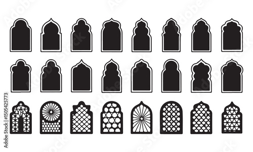 a variety of intricate Islamic architectural window designs on white background