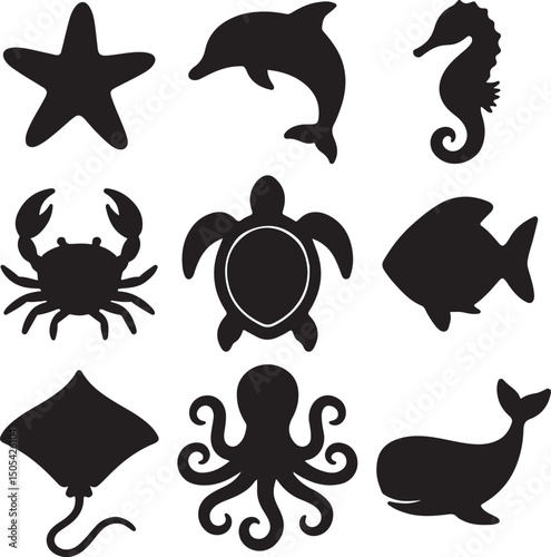sea animal silhouette set vector marine life icon collection.