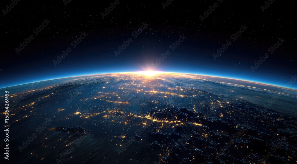Obraz premium Earthrise panorama showcasing a sun rising over a dimly lit, sprawling landscape viewed from space, with a visible atmospheric layer