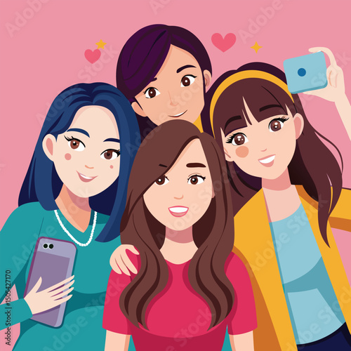 Happy Girls Taking Selfies Together.