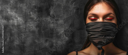 Woman with brightly colored makeup and wearing black fabric on cracked background. Suitable for fashion and art themes.