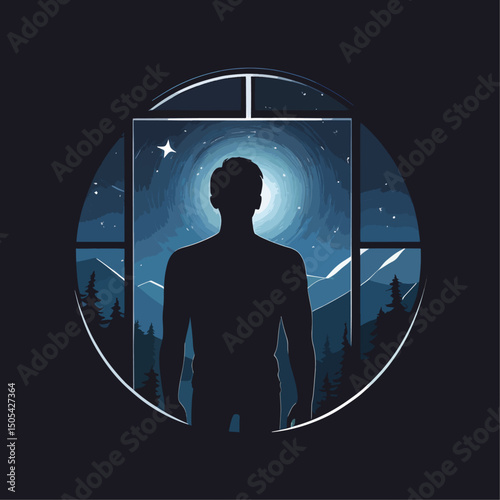 Starry Soul Silhouette Vector – Person with Window Chest and Night Sky Inside, Symbol of Dreams and Depth