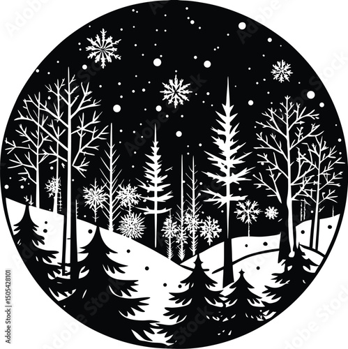 Forest Clearing with Snowflakes Falling Silhouette