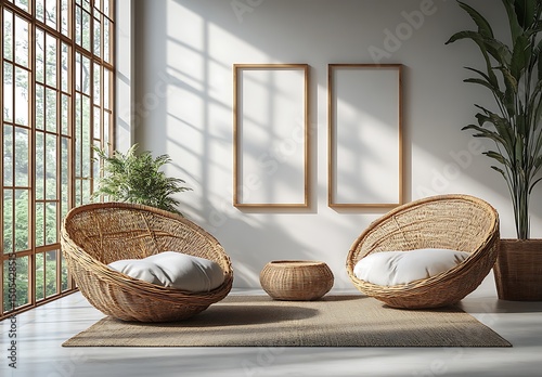 Woven Chairs Mockup with Cushions and Round Table in Bright Room

