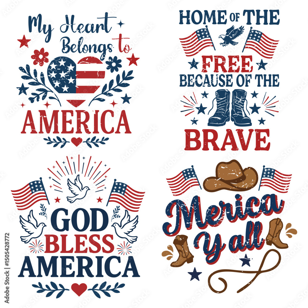 Fototapeta premium Vintage 4th Of July T-shirt Vector, Trending Vintage Patriotic Fourth Of July Illustration, All American Independence Day Design Sublimation Bundle 