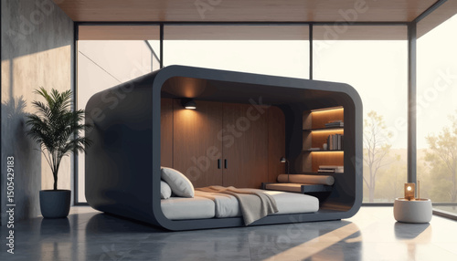 Modern sleeping pod in contemporary lounge, serenity and simplicity