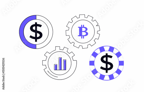 Modern vector icons representing finance, cryptocurrency, and stock market trends, showcasing blend of colors and designs