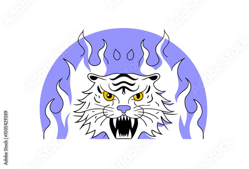 Fierce tiger with flames and angry expression, showcasing strength and intensity in bold design