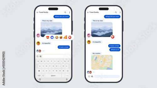 Smartphone Messaging App UI Mockup with Chat Bubbles, Emojis, and Location Sharing – Mobile Interface Template. Vector.