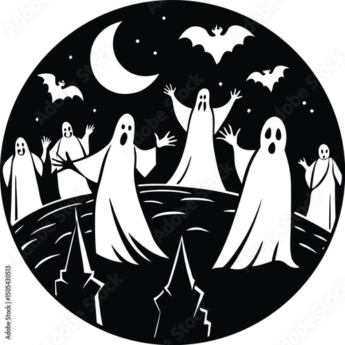 Group of Ghosts Circling Above Cemetery Silhouette