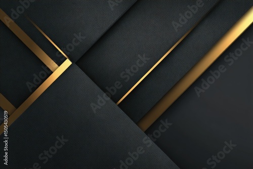 Abstract geometric design featuring intersecting dark gray and black textured planes accented with thin gold lines creating a luxurious, modern feel