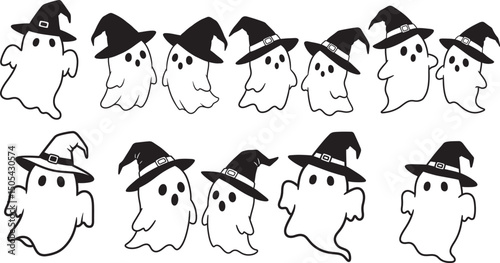 Cute Ghosts Wearing Witch Hat Icon Silhouette Vector Illustration