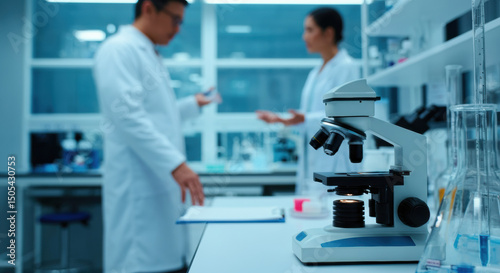 Scientists working in a laboratory with a microscope and glassware in focus photo