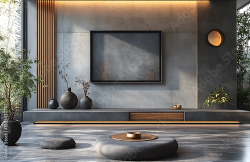 Mockup of modern living room with minimalist stone seating and large TV

 photo