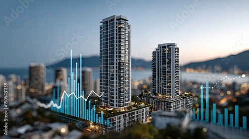 Modern high rise buildings cityscape financial data