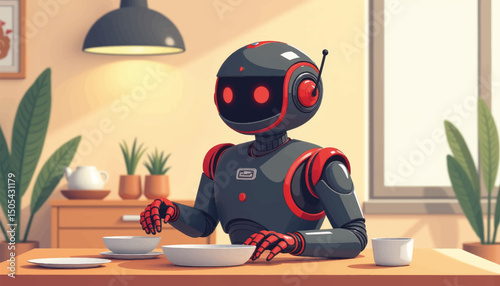 Multi-functional cooking robot preparing dishes in minimalistic dining room, innovative technology