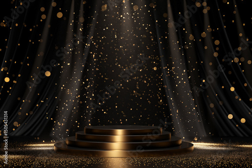  Golden stage podium with spotlight and sparkles — Award Ceremony Concept.
