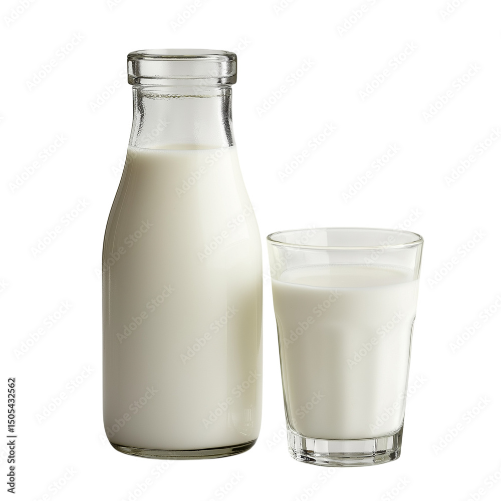 Glass and bottle of fresh milk isolated on white background, perfect for dairy and healthy lifestyle concepts. Glass and bottle of fresh milk isolated on white background, perfect for dairy and healthy lifestyle concepts.