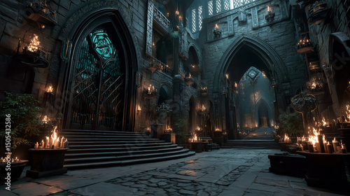Medieval castle dungeon prison hallway illuminated by flaming torches on stone walls. Long corridor with barred cells, gothic arches, cobblestone floor leading to stairs. Underground game environment.