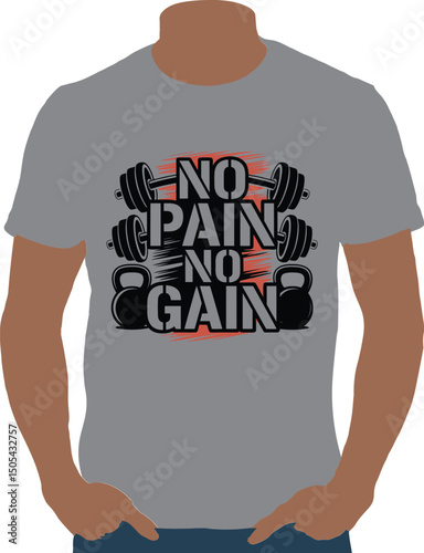 Motivational workout shirt featuring no pain no gain fitness quote with dumbbells and kettlebells
