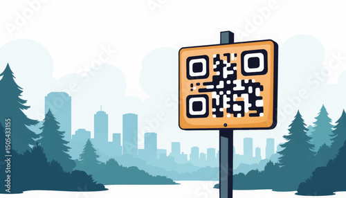 Geometric QR code on street sign post in urban landscape, digital accessibility