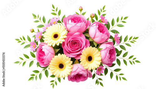 Pink Rose and Daisy Bouquet, Isolated Transparent Background
