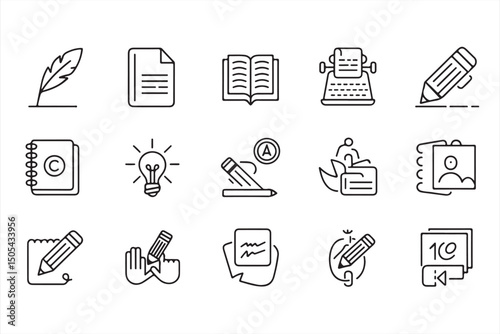 Creative Writing and Educational Icons Featuring Books, Pencils, and Typewriters
