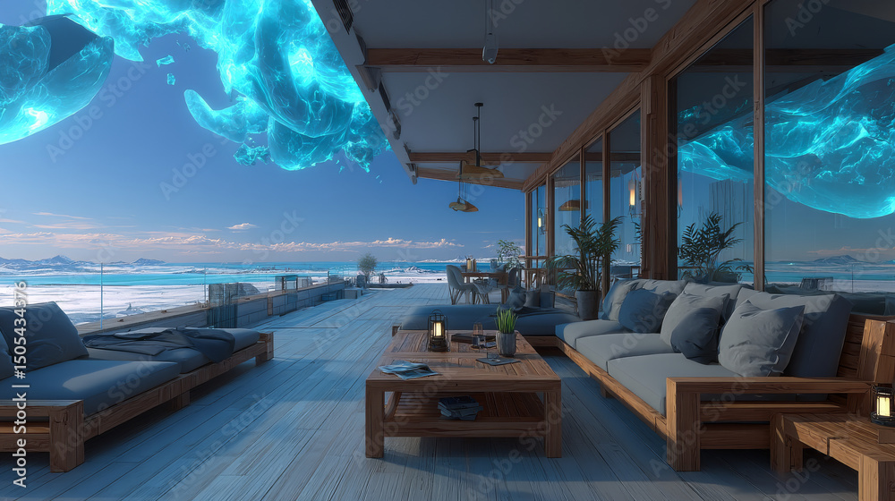 Fototapeta premium Wooden terrace view on fluffy clouds in blue sky. Outdoor home or hotel patio with sofa and table on wood floor at nature landscape with beautiful cloudscape, relax area, Cartoon vector illustration