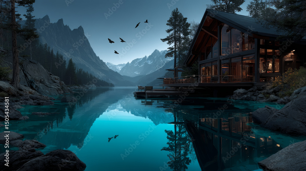 Fototapeta premium Forest lake cartoon with log cabin on shore and mountain peaks in background. Pine trees surround blue water and small pier extends from cozy house. Adventure and eco tourism travel atmosphere.