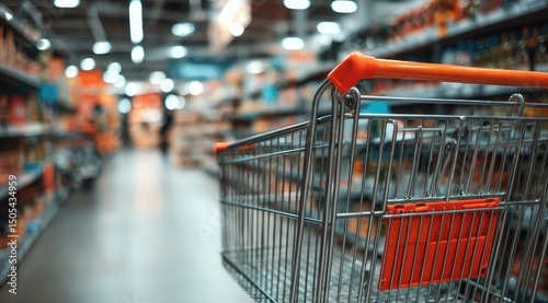 A shopping cart in a brightly lit grocery store aisle, mostly empty, with blurred shelves and a shopper in the background