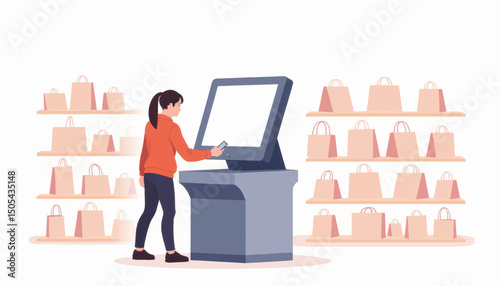 User interacting with self-checkout kiosk in modern store, convenience