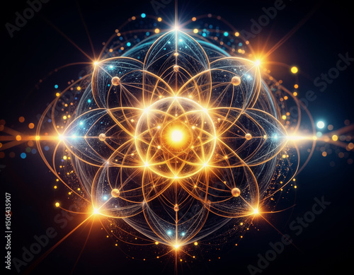 Sacred geometry mandala with luminous golden circles and intricate geometric patterns radiating from bright central core, featuring cosmic bokeh lights and star bursts on dark background.