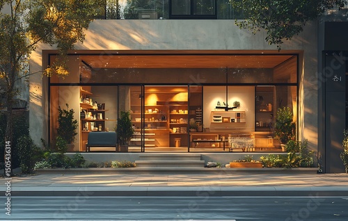 Storefront Mockup with Glass Windows and Wooden Shelves

