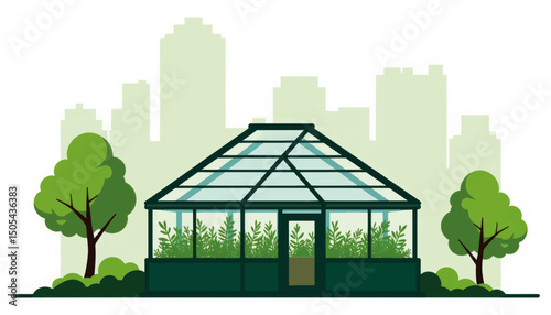 Urban rooftop greenhouse illustration, sustainable urban farming concept